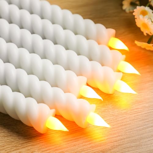 Image of Baquler 6 Pcs White Flameless Taper Candle Twisted LED 9.65 Inch Spiral Taper Candles Battery Operated Twisted Candlesticks for Spring Wedding Birthday Home Party Holiday Dinner Fireplace