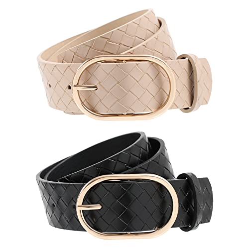 AWAYTR Women Leather Gold Buckle Belts - Girl Fashion Belts for Jeans Pants, Ladies Waist Belt for Dresses ( Black Weave Pattern + Khaki Weave Pattern 37in )