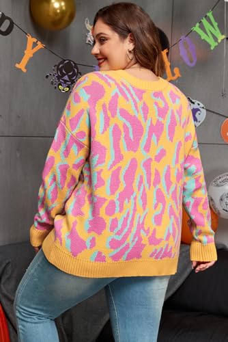 Plus Size Bright Pink Leopard Ribbed Trim Long Sleeve Sweater2