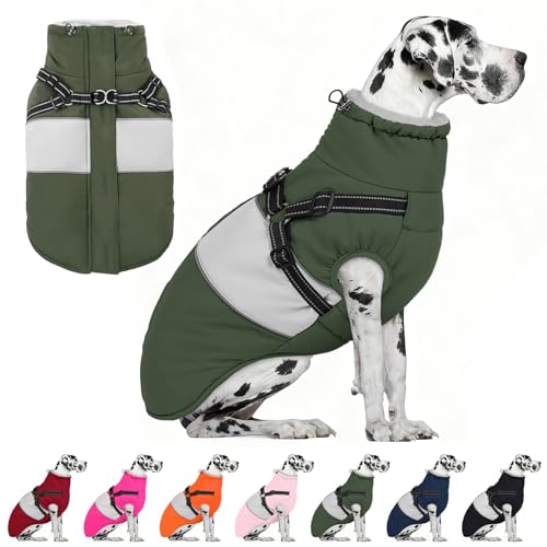 Image of AOFITEE Dog Coat, Large Dog Jacket, Dogs Coat with Harness Built in, Reflective Waterproof Dogs Jackets Winter with Furry Collar, Warm Polar Fleece Pet Sweater Snowsuit for Doberman, Great Dane XXXL