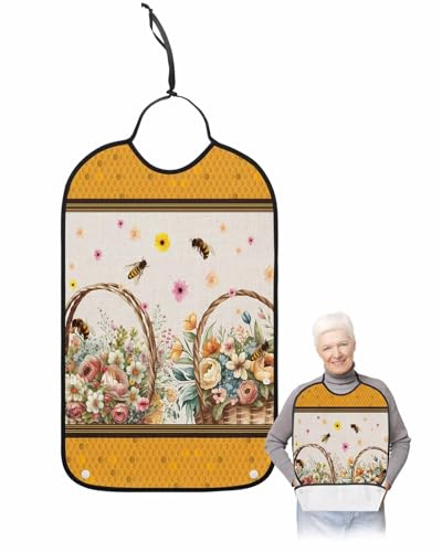 LEOKOTI Summer Flowers Adult Bibs for Eating, Waterproof Bibs with Food Catcher & Adjustable Snap Closure, Orange Honey Bee Botanical Rustic Washable Clothing Protectors Adult Bibs for Elderly