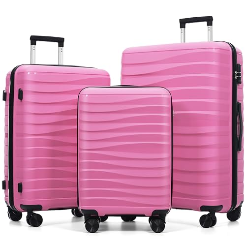 Image of Hardside Luggage Sets, Lightweight Wave Suitcase with Spinner Wheels, PP Pink