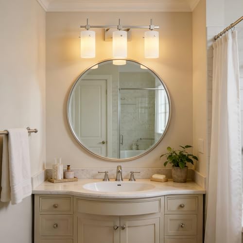 Image of SOLFART Brushed Nickel Bathroom Light Fixtures, 3-Light Modern Vanity Light Over Mirror, Wall Sconces with Milky White Frosted Glass Shades, E26 Socket (Bulbs Not Included)
