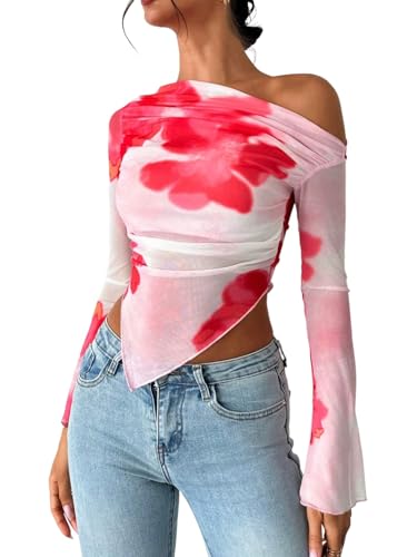 WDIRARA Women's Y2k Floral Print One Shoulder Long Sleeve Mesh Top