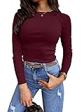 Lynwitkui Women's Long Sleeve Stretch Slim Fitted Ribbed T-Shirt Blouse Cut Out Solid Basic Tops Wine Red