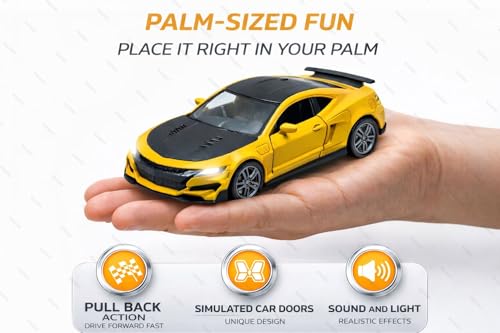 Image of 1:36 Scale Chevrolet Camaro Toy Car - Die-Cast Metal Pull Back Vehicle with Openable Doors, Lights & Music - Sports Model for Kids, Boys & Collectors (Yellow)