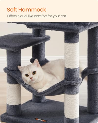 Image of Feandrea Cat Tree, 44.1-Inch Cat Tower, Plush Multi-Level Condo with 4 Scratching Posts, 2 Perches, Hammock, Cave, Smoky Gray UPCT261G01