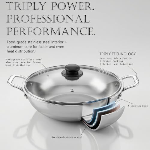 Image of HORNBILLS Triply Stainless Steel Kadai with Glass Lid, 1.8 L, 20 cm
