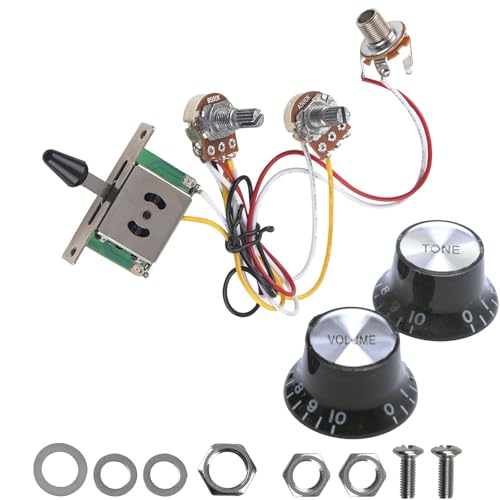 Prewired 2 Pickups Wiring Harness 3 Way Switch 1T1V Control Kit, A500k B500k 18mm Big Shaft Pots, 6.35mm Output Jack & Black Knobs for Electric Guitar (3 Way Switch)