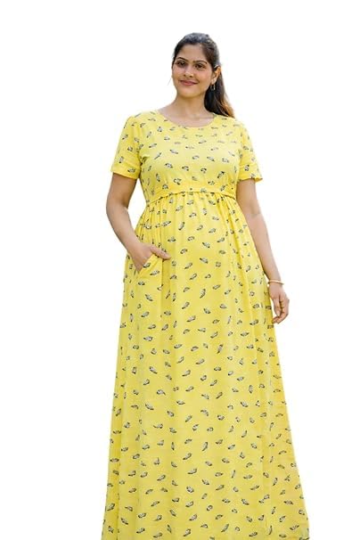Urban Mom Maternity Nighty | Nursing-Friendly Feeding Nightwear Dress | Soft, Breathable & Comfortable Maternity Dress for Pregnancy, Postpartum - Yellow with Brown Flowers-image-35