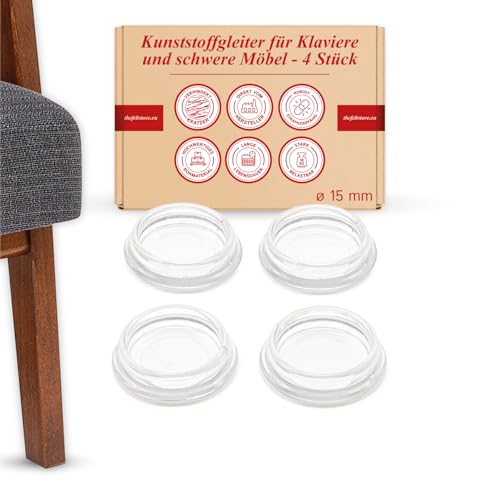 K.D.J. Brand Juego de 4 posavasos redondos transparentes para muebles, 15 mm de diámetro interior, protector de suelo para piano, cristal transparente, fabricado en Alemania