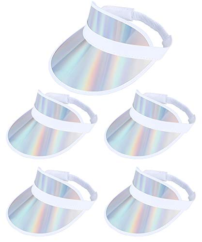 5 Pack Sun Visors Hat Womens Holographic Uv Protection Cap Hats for Men Reflective Sport Visors Sunhat Beach Golf Party (Iridescent,Silver)