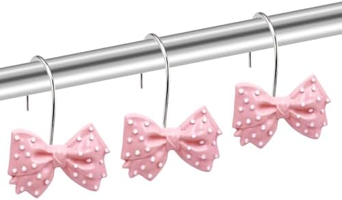 Bow Shower Curtain Hooks Decorative Pink Cute Bow Knot Polka Dots Shower Curtain Rings for Girls Kids Bathroom Art Decor Resin 12 Pcs