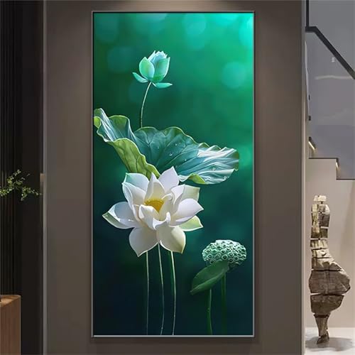 Peinture Diamant Adulte pour Rompre le Stress, Grand Format 70x200cm Lotus Blanc Kit Complet