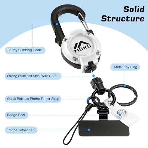 MoKo Anti-theft Phone Tether Lanyard, Retractable & Lockable Steel Line Anti-Drop Phone Strap with 360° Tether Tab, Badge Reel, Keychain for Outdoor Hiking Climbing Fishing Skiing Cycling, White