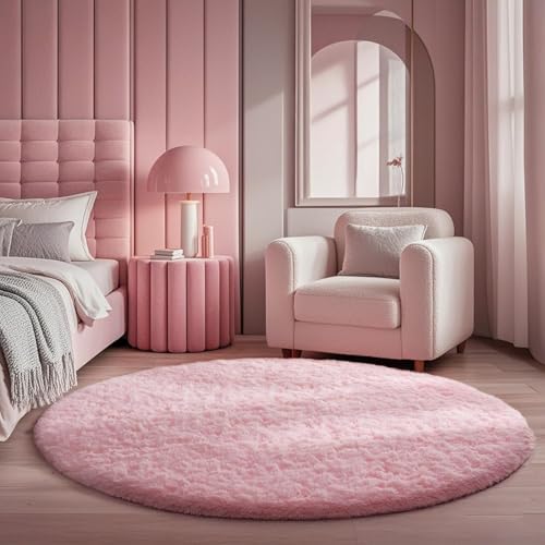Image of Shaggy Round Area Rug - Soft Plush Circle Solid Color Carpet for Living Room, Bedroom, Kids Room - Fluffy Fuzzy Floor Mat for Home Decor (Pink, 6x6 feet, Round)