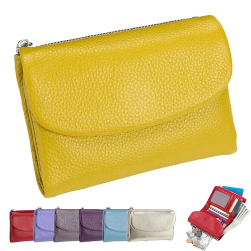 Joyfullygo Wallet，Unisex Pebble Leather Wallet，Soft Portable with Credit Card Holder Anti-Theft Brush，Large Capacity Waterproof Bi-Fold Leather Coin Purse (Yellow)