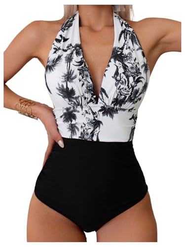 Verdusa Women's Colorblock Tropical One Piece Swimsuit Tummy Control Halter Bathing Suit