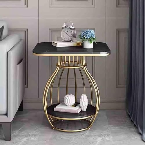 Image of Modern Side Table Corners Living Room Square Table Double Tier Sofa Side Table,Round Base Coffee Table,Portable Bedroom Nightstands Small Space (Black-Gold)