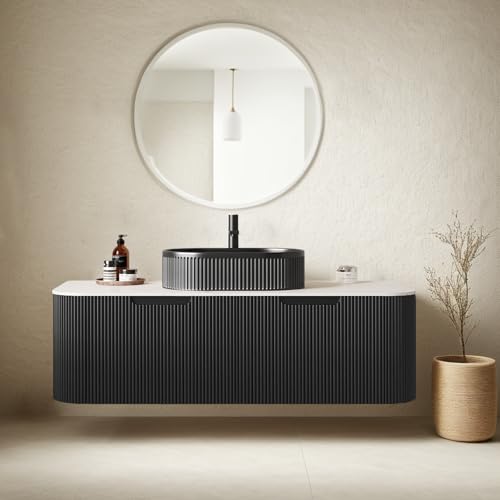 AmbroVania 48 inch Floating Bathroom Vanity with Sink, Plywood Bathroom Vanities with Oval Ceramic Basin and Marble Top, 2 Large Soft-Closing Storage Drawers, Pre-Assembled Cabinet, Gloss Black