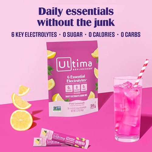Image of Ultima Replenisher Daily Electrolyte Powder - Pink Lemonade, 20 Stickpacks - Zero Sugar Hydration Packets with 6 Electrolytes and Minerals - Sugar Free, Plant Based & Keto Friendly Drink Mix