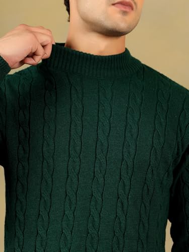 Image of Kvetoo Men's High Neck Cable Knit Sweater | Winter Pullover | Warm Wool Blend |Casual Full Sleeve Sweater for Men | Stylish Ribbed Neck Slim Fit Winterwear