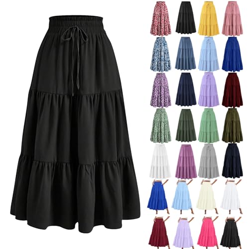 Long Skirts for Women Boho Tiered Maxi Skirt Flowy Ruffle Hem A-Line Dress Summer High Waisted Pleated Dresses