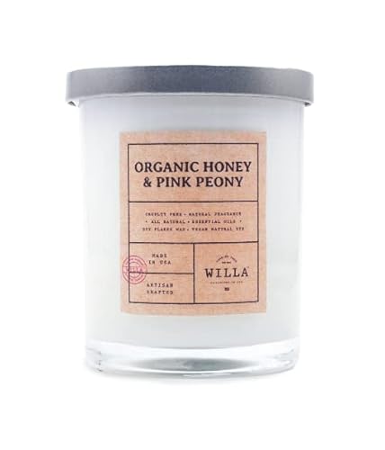 Willa Organic Honey & Pink Peony Highly Scented Candle - All Natural Soy Wax Luxury Candles Made In The Usa With Essential Oils - Best For A Home / Aromatherapy / Gift / Spa / Bathroom 9Oz Jar Candle #TOP1