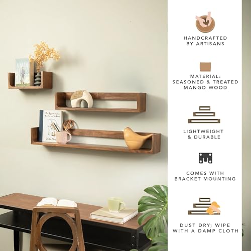 Image of Ellementry Still Life Wall Shelf Set of 3 Mango Wood Walnut Finish | Decorative Floating Shelves, For Living Room & Bedroom