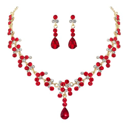 Carufin MARIAGE CRISTAL collier boucles d'oreilles ensemble collier de mariée femmes et filles bijoux accessoires (Rouge)