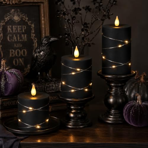 Image of Homemory Black Flameless Candles with Fairy Lights, Remote Timer, Set of 5