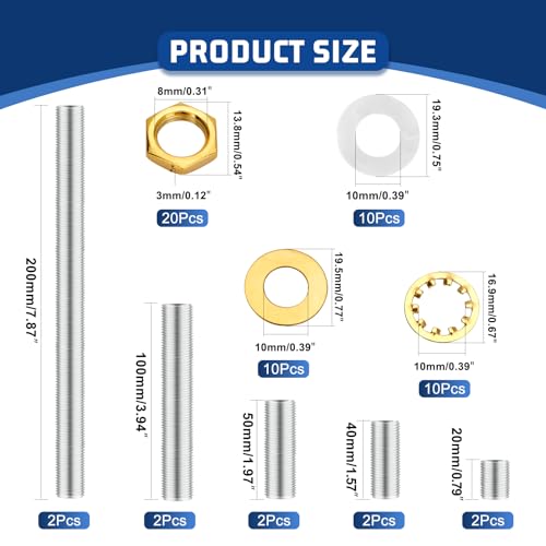 Image of Lamp Repair Hardware Kit-5 Size Thread Lamp Pipe Nipples,20 Lock Nuts,3 Type of Washers,Total 60 Pieces Lamp Repair Hardware Assortment Pack,Perfect for Assembly Lamp and Lamp DIY (Gold)