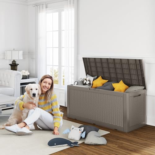 Image of 130 Gallon Outdoor Storage Box Waterproof, UV Resistant Resin Deck Box for Patio Furniture, Outside Storage Box for Garden Tools, Patio Cushions, Grey