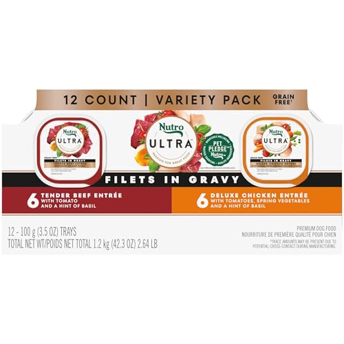 Nutro Ultra Wet Dog Food Grain Free Filets in Gravy Beef & Deluxe Chicken Variety Pack, 3.5 oz. Trays (12 Count, Pack of 1)