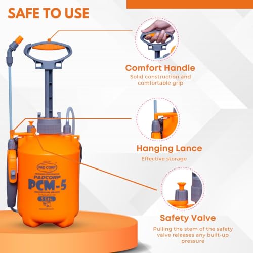 Image of Pad Corp PCM5 High Pressure 5 Litre Sprayer Pump for Plants Gardening Cleaning Sanitizing Pest Control | Lightweight & Versatile Hand Pressure Sprayer for Home Garden Small Farm Nursery Use (PCM-5)