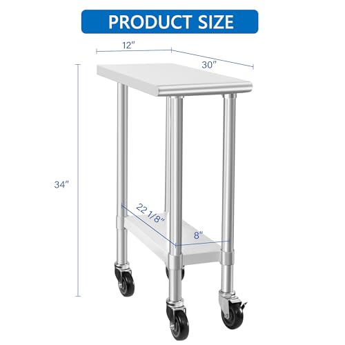 Image of HARDURA Stainless Steel Commercial Table Prep & Work Table with Casters Heavy Duty Metal Table with Wheels NSF 430 30x12 Inches