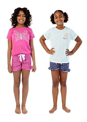 Sleep On It Girls Pajamas Short Sets 4 Piece Tank Top And Short Sleeve Summer Sleepwear For Kids (2 Full Sets) (14-16, Fuchsia-Aqua) #TOP2