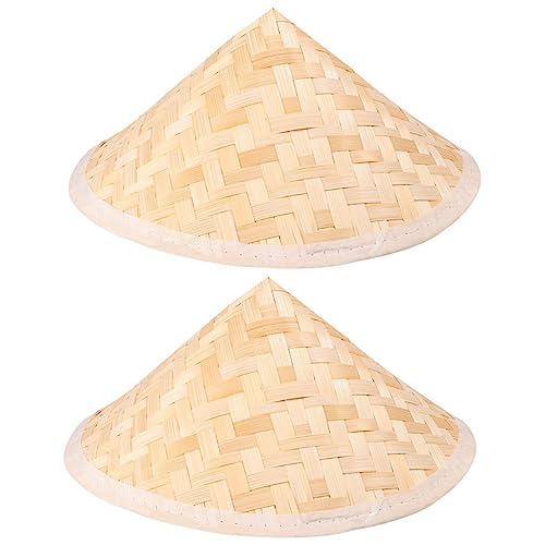 2pcs Large Bamboo Sun Hats for Kids Traditional Conical Fishing Hats Wide Brim for Outdoor Fun and Sun Protection Beige