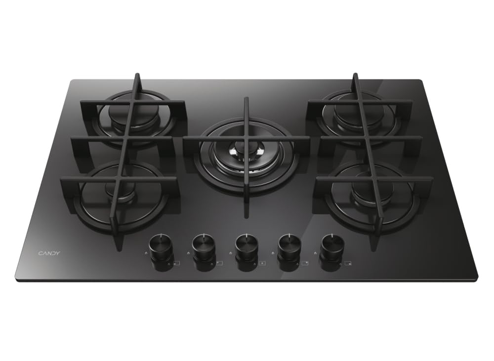 Candy Moderna Gas On Glass Piano Cottura a Gas 5 Fuochi, Vetro Temperato, Bruciatore a Doppia Corona, Griglie Lavabili in Lavastoviglie, AxLxP 0,8x74,5x51 cm, Nero - CVG74WTB