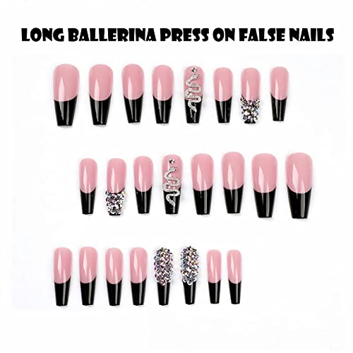 Puscobsy Coffin Press On Nails Long Ballerina Fake Nails Snake Rhinestone False Nails Pink Black Acrylic Nails French Glossy Artificial Stick On Nails For Women And Girls 24Pcs #TOP1