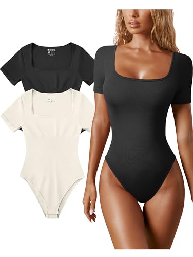 Image of OQQ 2 Piece Bodysuits for Women Square Neck Short Sleeve Bodysuit Basic Ribbed Seamless Bodysuit