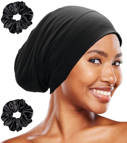 Gorro de dormir para mujeres negras, ajustable, con forro de seda helada, para trenzas de cabello rizado, gorro de noche, 1pcs negro, talla única