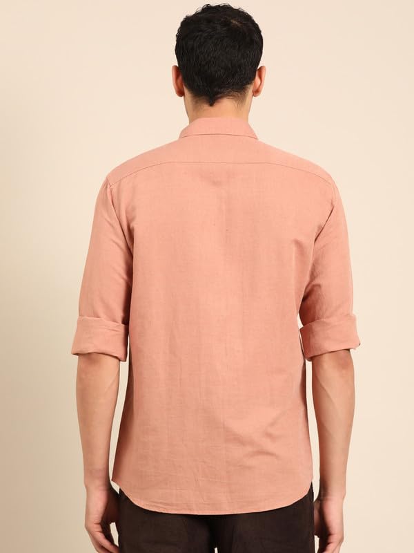 Image of Linen Club Men's Pure Linen Olive Solid Contemporary Fit Full Sleeve Casual Shirt