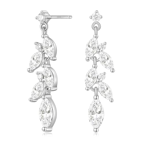 EAMTI Marquise Wedding Earrings for Brides Bridesmaid Cubic Zirconia Leaf Dangle Sterling Silver Posts Earrings for Women