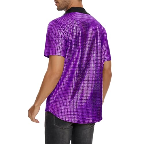 Image of Zando Men's Sequin 70s 80s Disco Shirt - Retro Short Sleeve Button Up Costume Halloween New Year Party Outfit Top & Clubwear