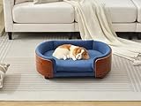 CHARMMA Scandinavian Style Dog Sofa Bed with Wood Walnut Legs & Velvet Cushion, Mid Size Orthopedic Raised Pet Bed for Small Medium Dogs, Luxurious Dark Blue Pet Furniture for Living Room