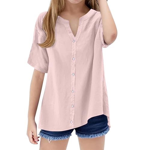 Girls Short Sleeve Cotton Linen Shirt V-Neck Tunic Blouses for Teen Girls Trendy Top Button Down Blouses Summer Shirt