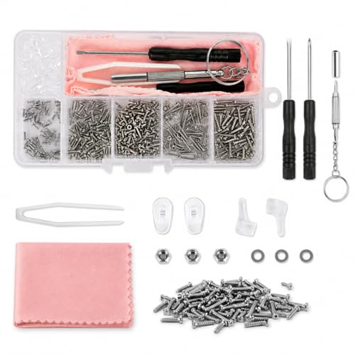 JADUFHU 500 Pcs Eyeglass Repair Tool Set Spectacle Repair Kit with Mini Screwdrivers Screws Nuts Silicone Nose Pads Tweezer Glasses Cloth for Sunglasses Watches and Small Elec