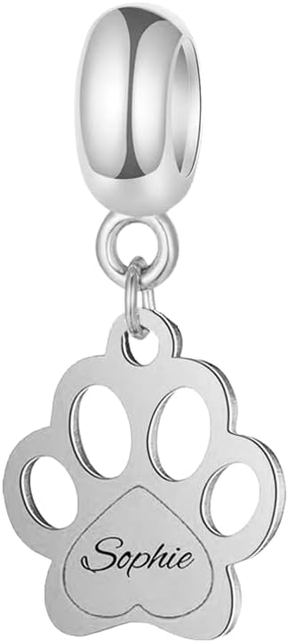 LONAGO Persoanlized Dog Paw Charm for Bangle Bracelet Custom Name Dog Paw Charm Bead Gift for Women