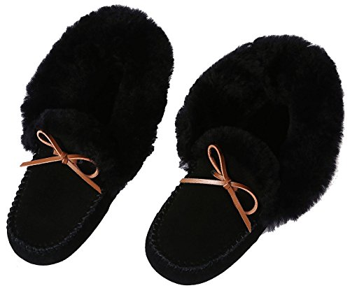 U-lite Women's Warm Fur Wool Slipper Casual Winter Slouch Flat Indoor Outdoor Loafer Black 6.54